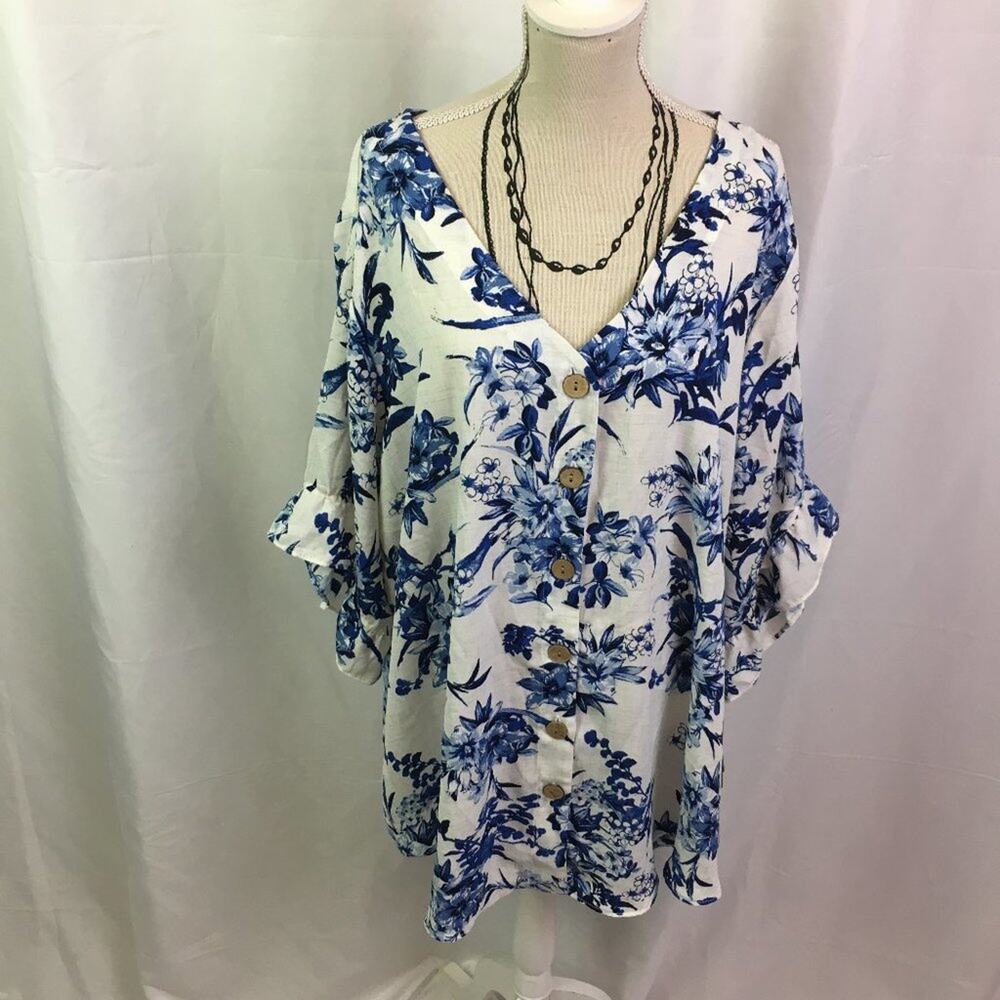 Alyx Button Down Bell Sleeve Top Sunshine Breeze Floral 1X